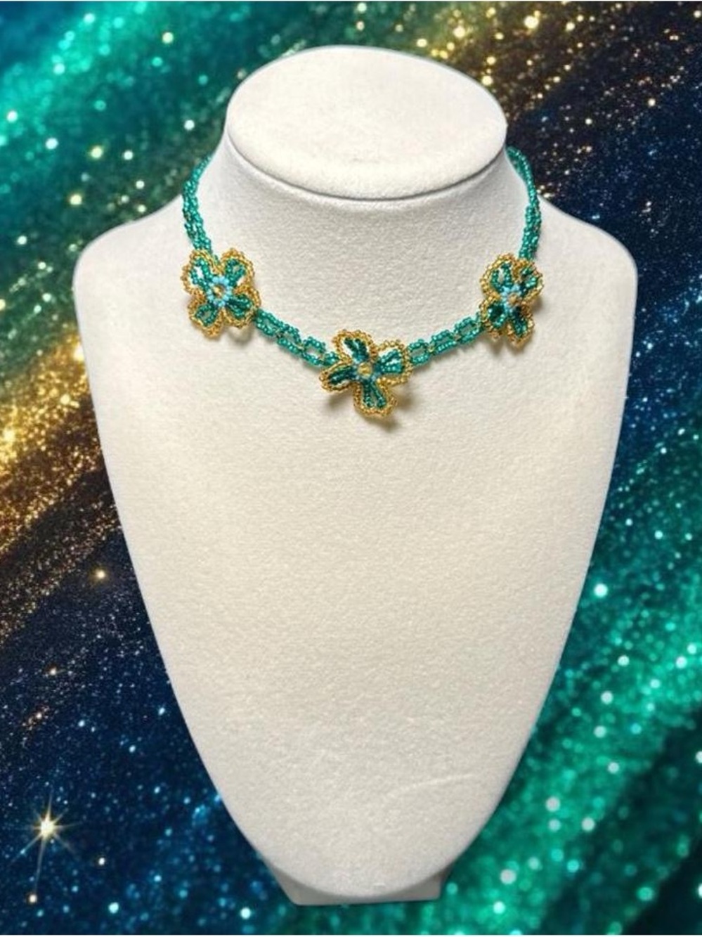 Handmade Teal and Gold Floral Beaded Choker Necklace - Women Jewelry